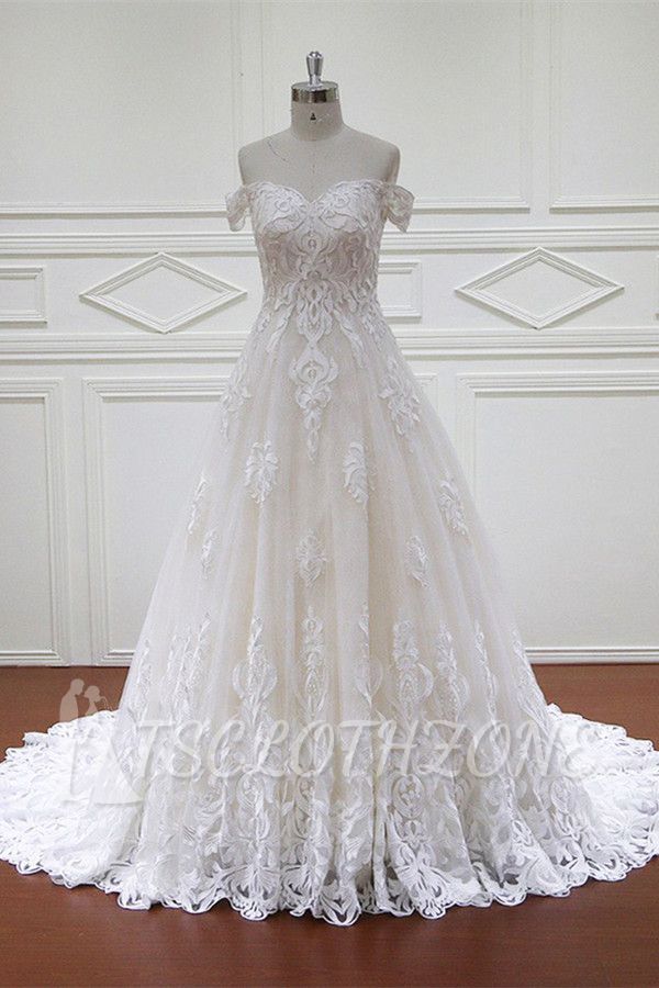 TsClothzone Elegantes schulterfreies weißes Tüll-Spitzen-Hochzeitskleid Schatz-Applikationen Brautkleider im Angebot