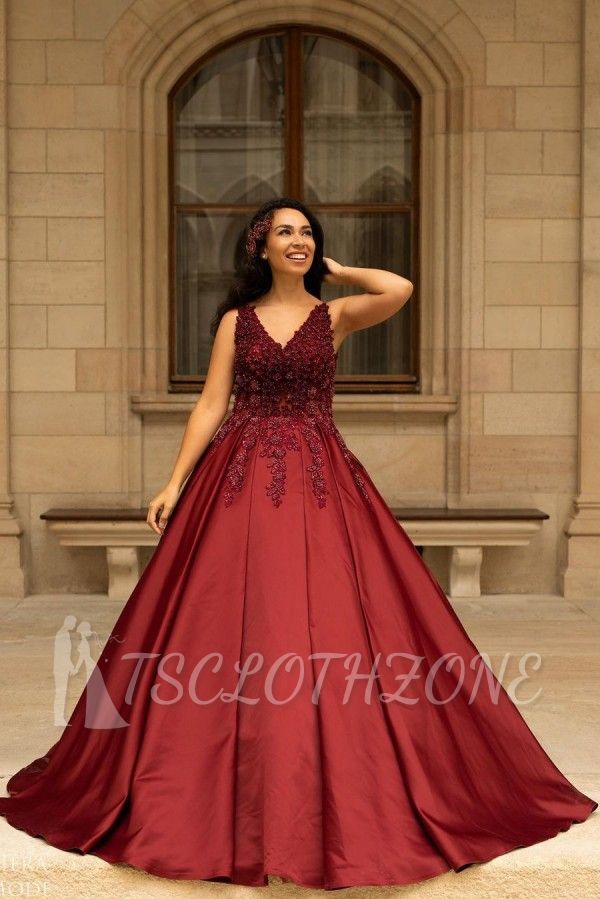 Stylish Red V-Neck A-line Satin Evening Dress 3D Beadings Lace Appliques