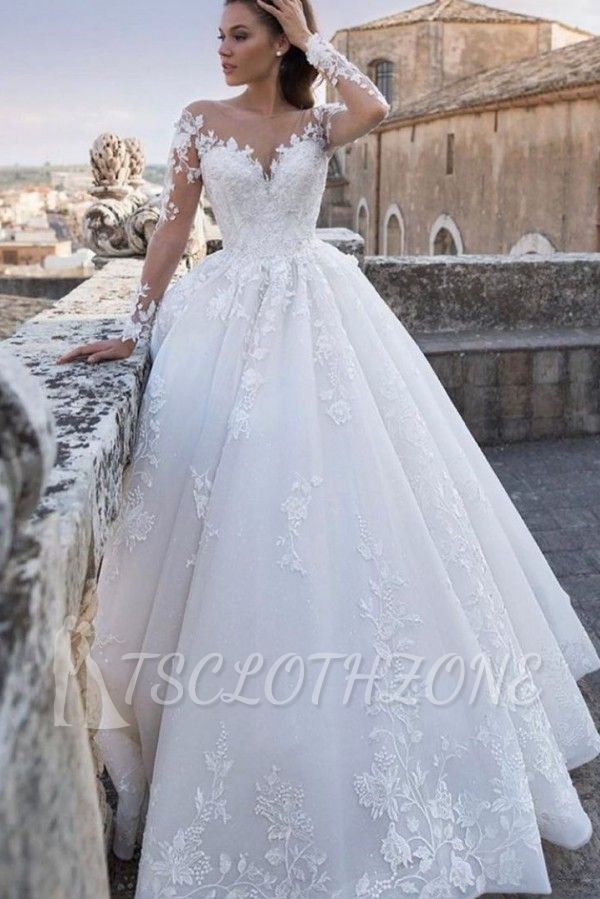 Long SLeeves A-line Wedding Dress Floral Lace Appliques Bridal Dress