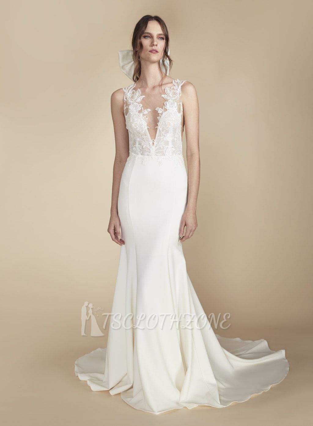 V-neck lace silk satin A-line long-sleeved floor-length dress with applique wedding dress