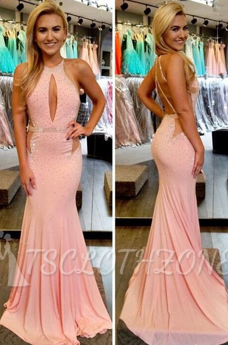 Pink Beading Mermaid Prom Dress Sexy Long Sleeveless 2022 Evening Gowns