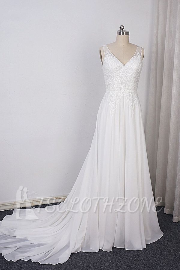 TsClothzone Elegant Straps V-neck Chiffon White Wedding Dress Sleeveless Lace Appliques Ruffle Bridal Gowns On Sale