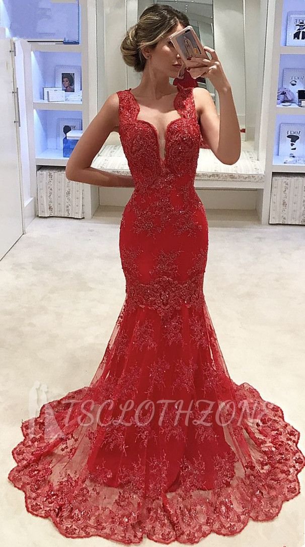 Ärmelloses Meerjungfrau-Spitzen-Abendkleid mit V-Ausschnitt Rot 2022 Sexy Ballkleider Günstige Online