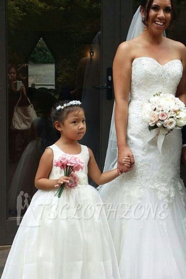 Simple Jewel Long Lace Tulle Flower Girl Dresses for Wedding Party