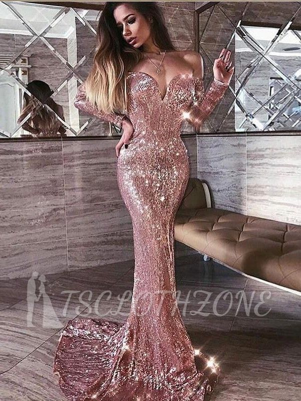 Mermaid Pink Shiny Sequined Strapless Off-the-Shoulder Long Sleeves Prom Dress
