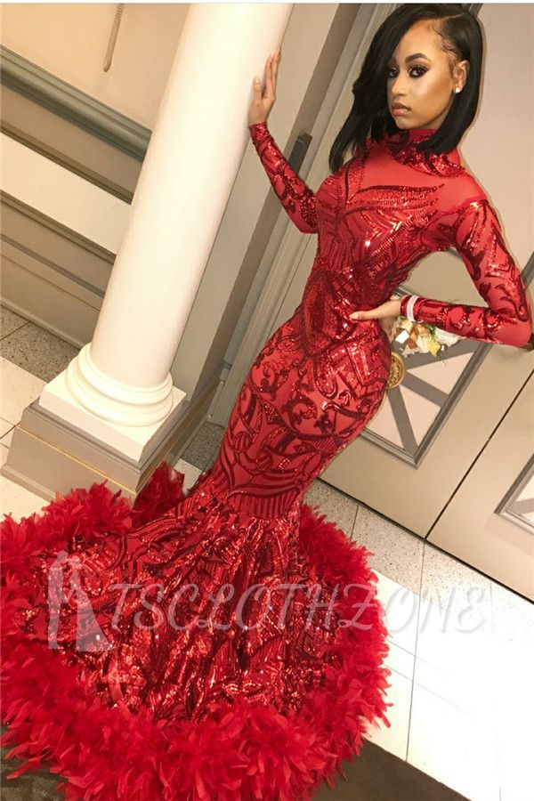 Red Mermaid Sequins Long Sleeves High Neck Prom Dresses