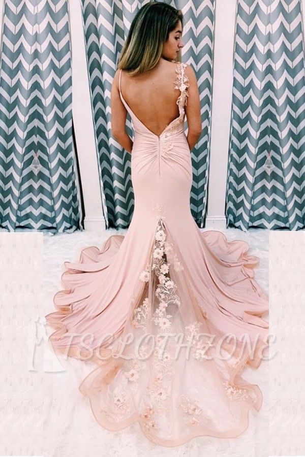 Sexy V-Neck Mermaid Evening Dress with Floral Sweep Train Spaghetti Straps Prom Maxi Gown