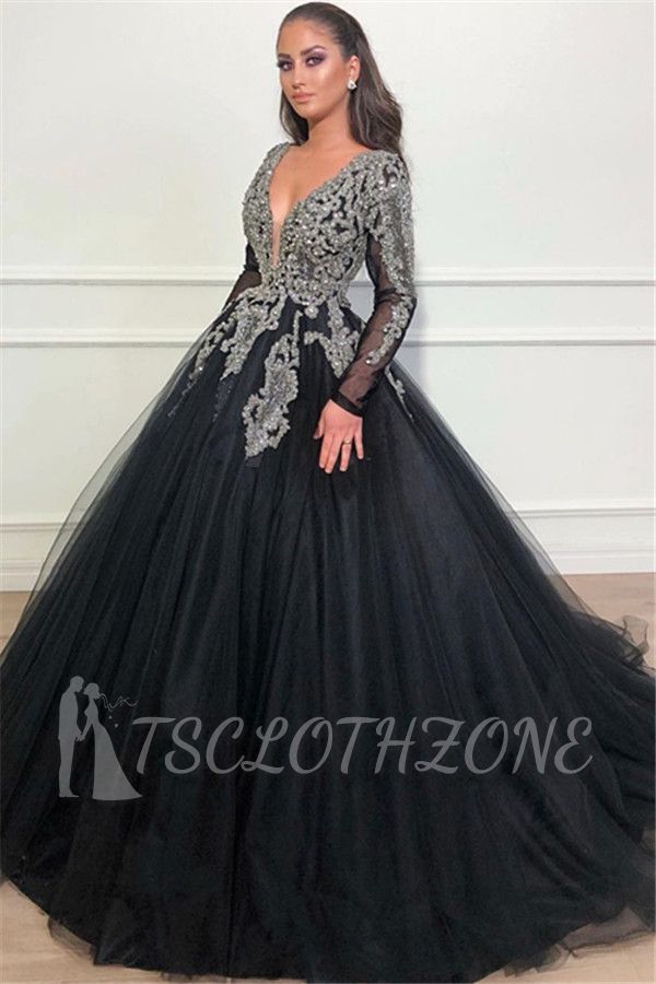 Black Ball Gown Deep V-Neck Long Sleeves Appliques Overskirt Evening Dresses