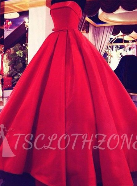 Elegant Red Strapless Ball Gown Prom Dress Simple Bowknot Floor Length Evening Dresses