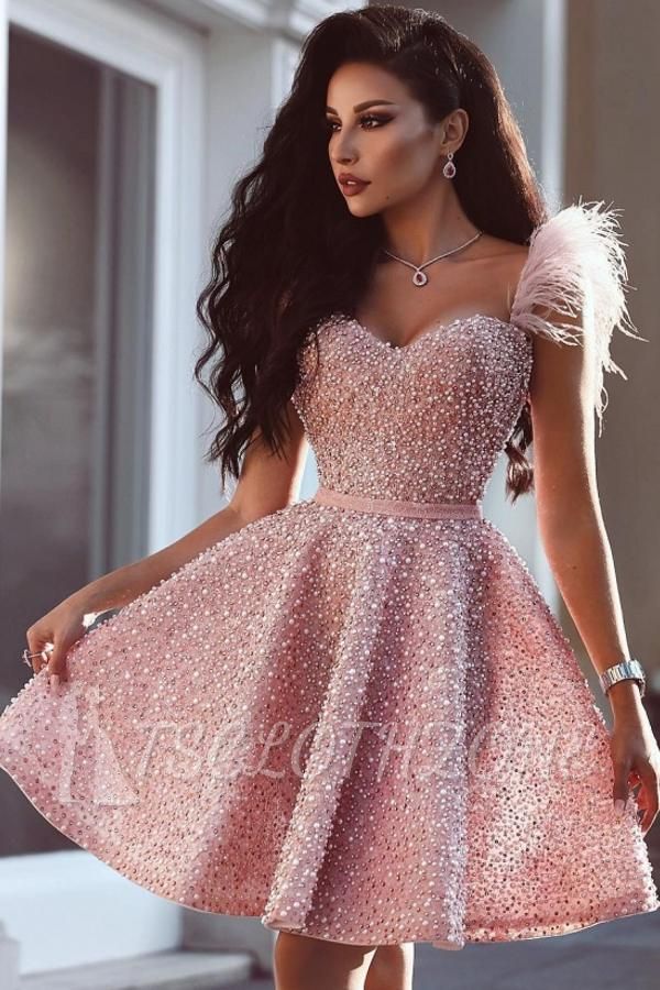 Classic Beading Homecoming Dress Luxury Feather Pink Party Dress