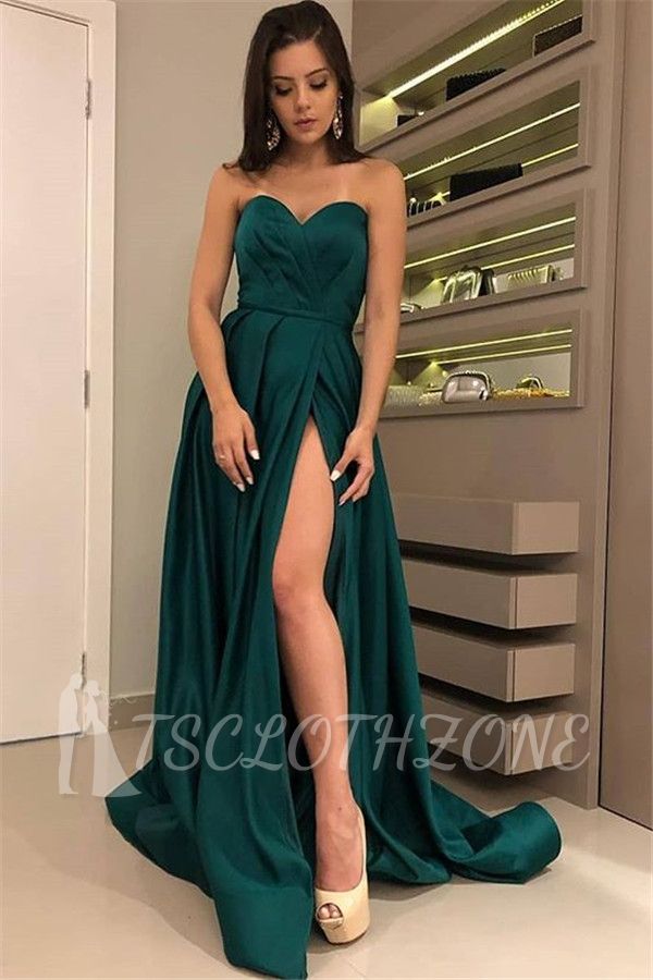 Chic Strapless Front Split Sleeveless Floor-Length A-Line Prom Dresses