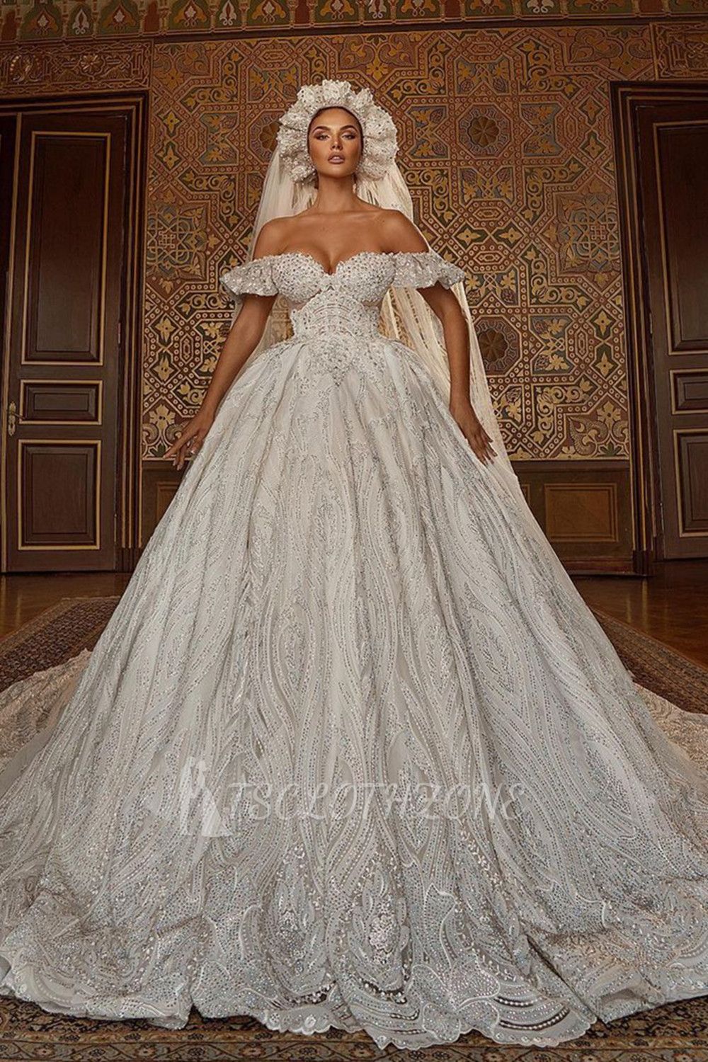 Off Shoulder Aline Ball Gown Wedding Dress Floral Lace