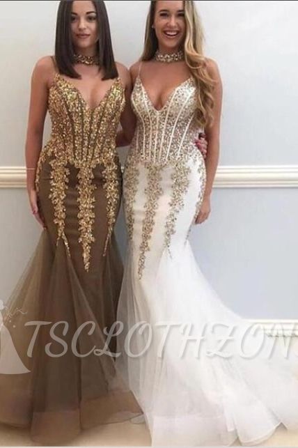 Sweetheart Spaghetti Golden Appliques Tulle Mermaid Prom Dresses