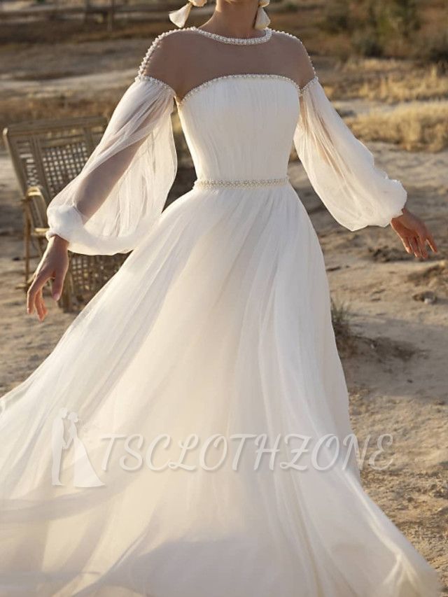 A-Line Wedding Dress Jewel Lace Chiffon Over Satin Long Sleeves Bridal Gowns Country See-Through with Sweep Train
