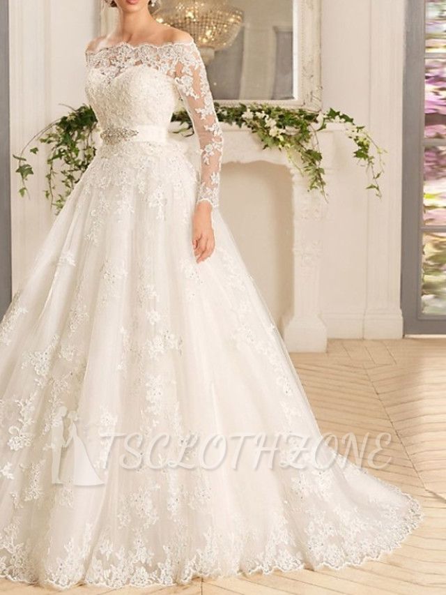 Romantic A-Line Wedding Dresses Off Shoulder Tulle Long Sleeve Sexy Bridal Gowns with Court Train