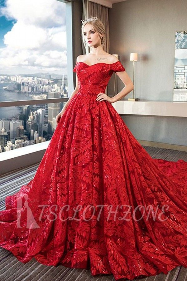Off Shoulder Red Floral Lace Wedding Party Dress with Sweep Train