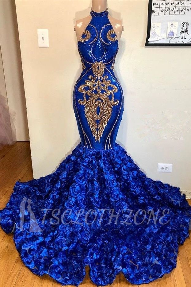 Royal Blue Halter Mermaid Prom Dresses | Gorgeous Sleeveless Flowers Long Evening Gowns
