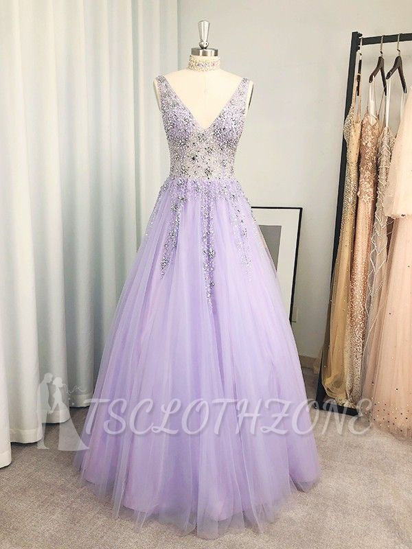 Lavender v-neck lace appliques a-line prom dress