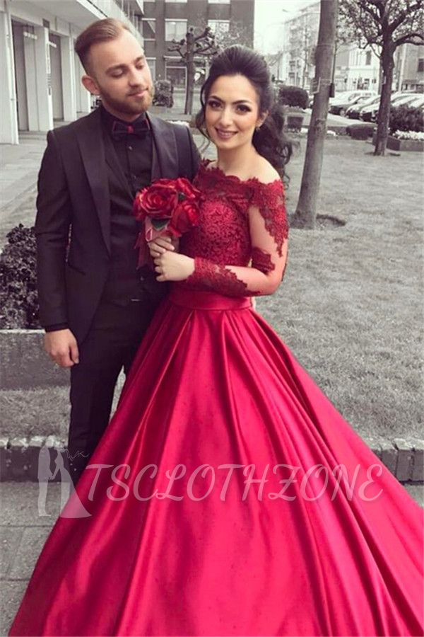 Red Long Sleeves Off Shoulder Evening Dresses | 2022 Elegant Appliques Ball Formal Dress