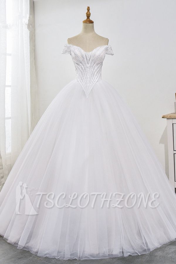 TsClothzone Stunning Off-the-Shoulder Ball Gown White Tulle Wedding Dress Sweetheart Sleeveless Beadings Bridal Gowns Online