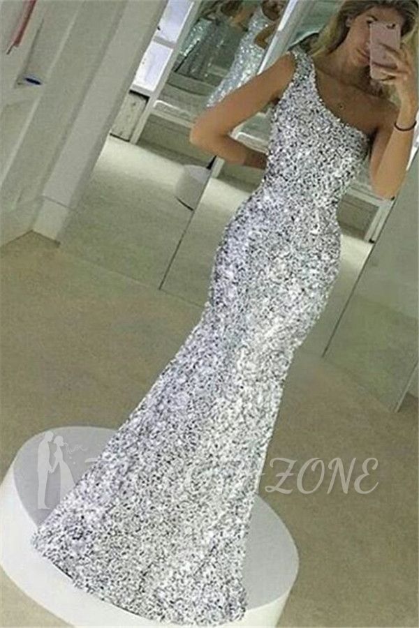 Mermaid Popular One Shoulder Evening Gown Sequined Floor Lenth Simple Prom Dress