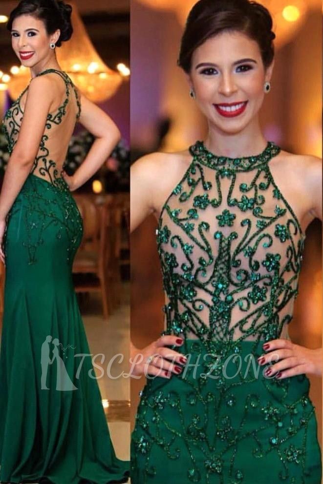 Sexy Sleeveless Round Neck Beading Prom Dresses With Open Back | Dark Green Evening Gowns
