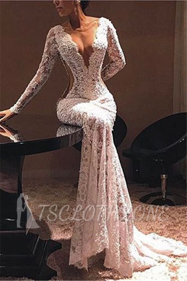 Sexy Lace V-Neck Evening Dresses 2022 | Cheap Lace Beads Prom Dresses with Sleeves