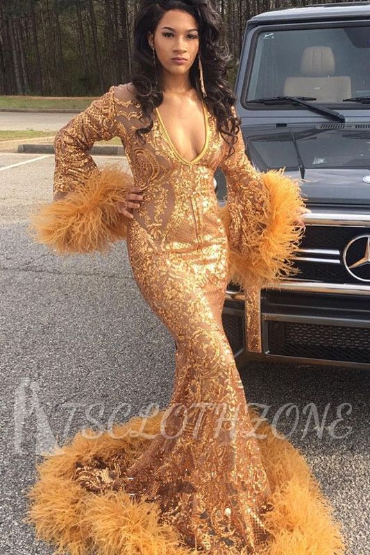 Gorgeous Shiny Gold Appliques Feather Prom Dress | Mermaid Long Sleeve V-neck Evening Gowns