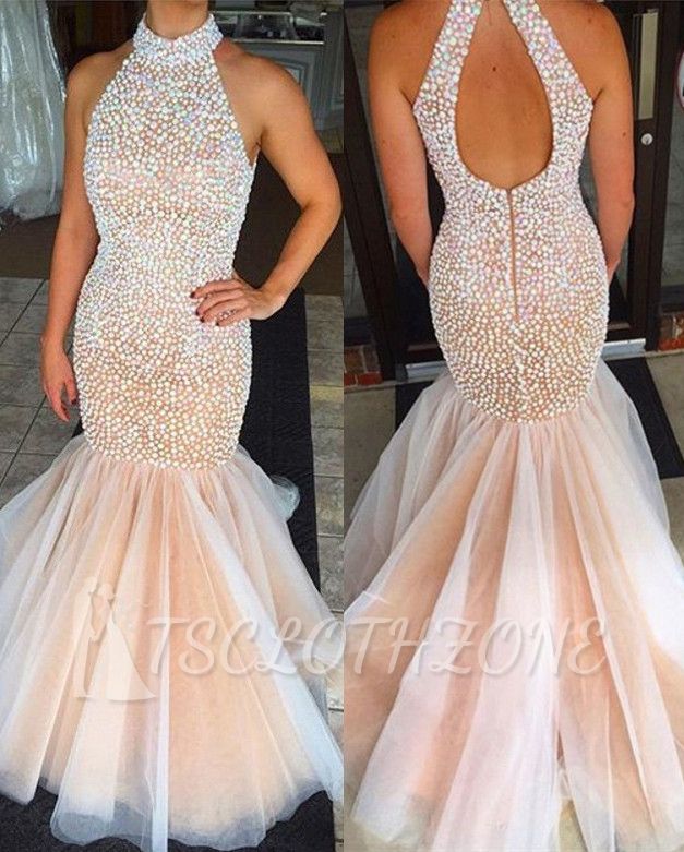 Beaded Crystals High Neck Mermaid Prom Dress 2022 Open Back Sleeveless Evening Gowns