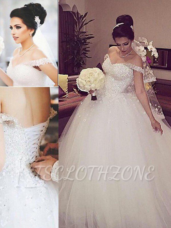 Sleeveless Ball Gown Lace Court Train Tulle Off-the-Shoulder Wedding Dresses