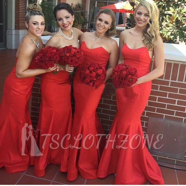 Elegante rote Meerjungfrau lange Brautjungfernkleider einfach billig Satin bodenlangen formelle Hochzeitskleid unter 100