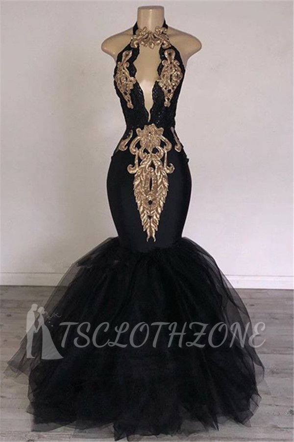 Backless Gold Appliques Sexy Prom Dresses Cheap 2022 | Mermaid Halter Evening Gowns with Keyhole