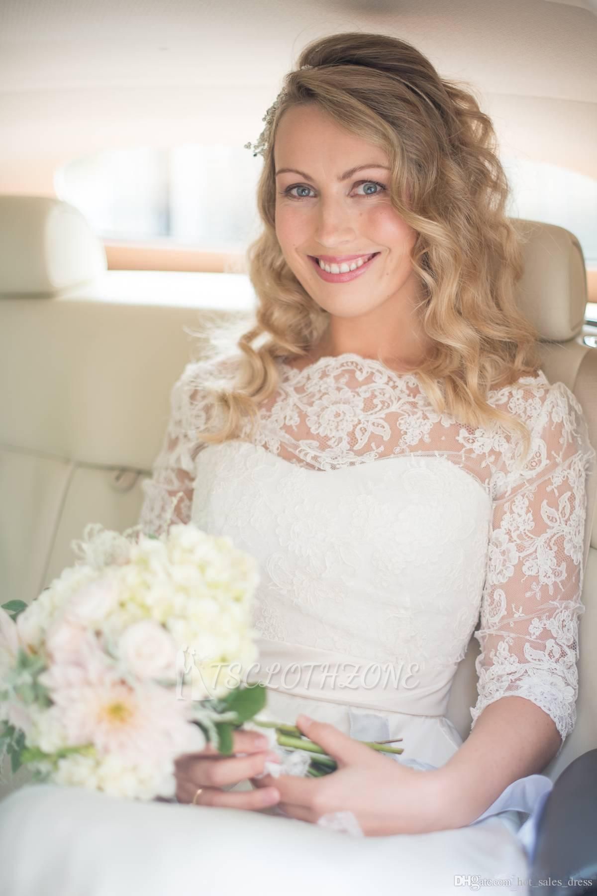 A Line Half Sleeve Lace Wedding Dress | Off Shoulder V Back Bohemian Bridal Gown