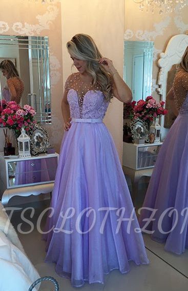 Short Sleeve Lavender Lace Prom Dress with Beadings Floor Length Formal Occasion Dresses
