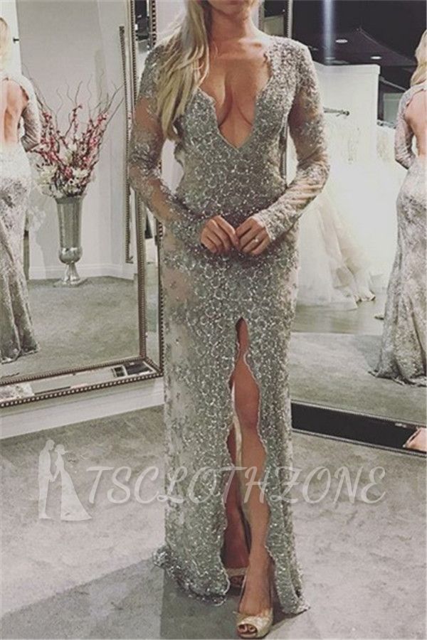 Silver Sexy V-neck Lace Prom Dresses | Elegant Long Sleeves Open Back Front Split Long Evening Dress