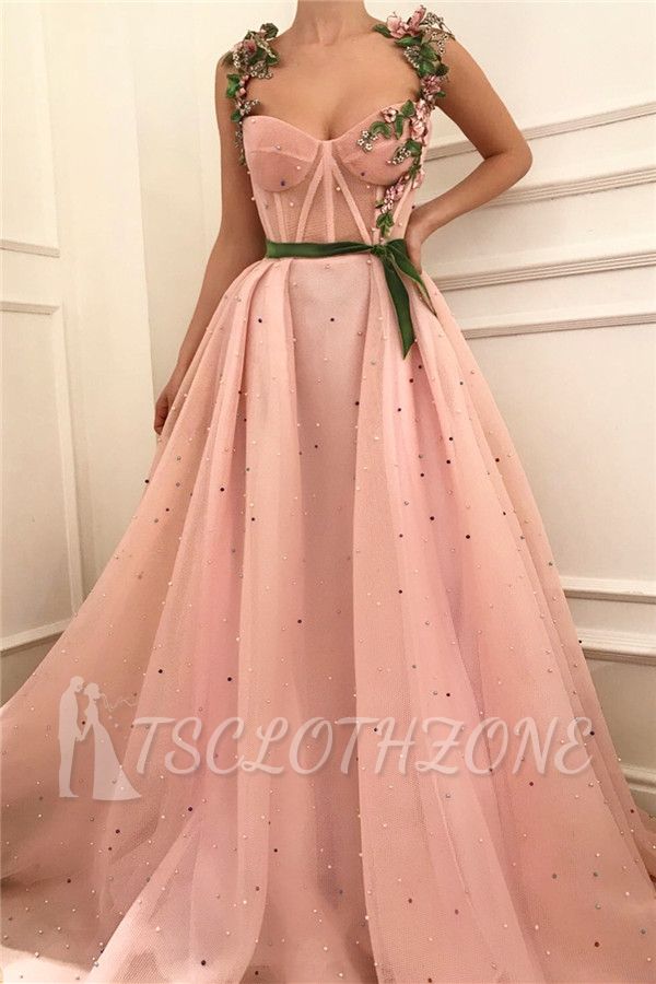 Exquisite Pink Tulle Burgundy Sash Prom Dress with Pearls | Sexy See Through Bodice Sweetheart Long Prom Dress