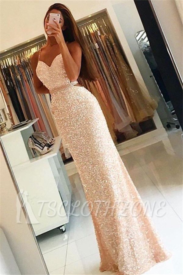 Spaghetti Straps Sequins Long Evening Dresses Open Back 2022 Prom Dress with Beading Belt