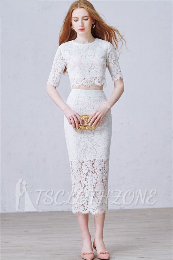 Half Sleeve Full Lace Two Picec Evening Dress Scoop Sexy Formal Dress with Back Slit