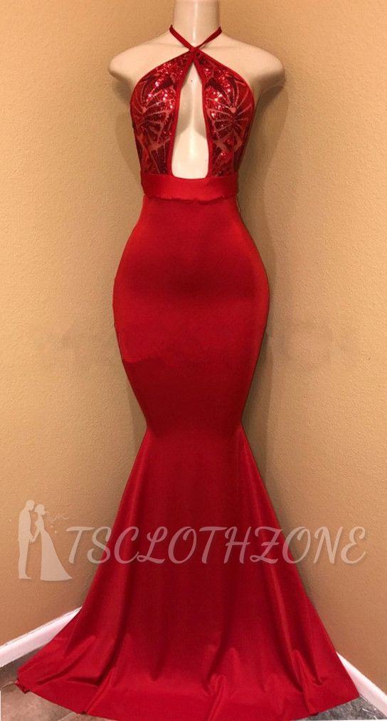 Halter Sexy Open Front Red Prom Dresses | Mermaid Cheap Long Evening Dress 2022