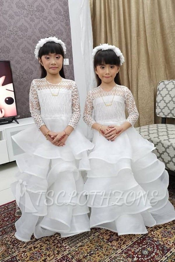 White Long Sleeves Lace Tulle Flower Girl Dresses with Ruffles | Lace High neck Little Girls Pageant Dresses