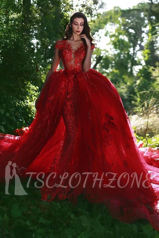 Elegant Red V-Neck OverSkirt Lace Applique Prom Dresses