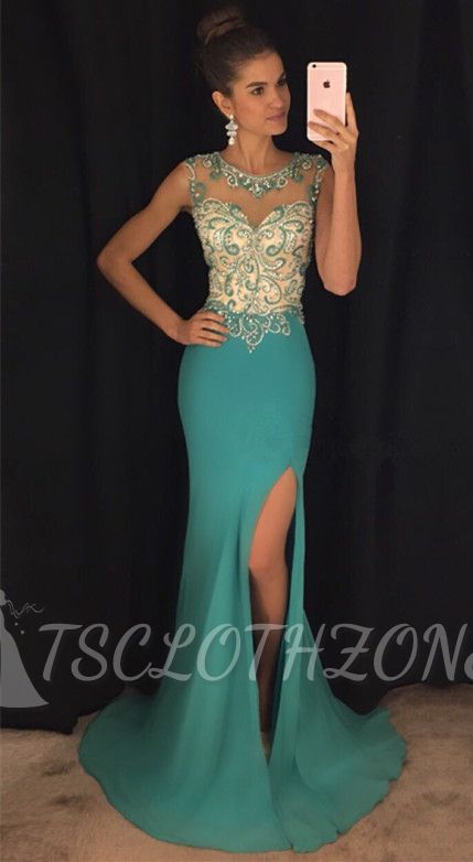 Green Mermaid Sexy Slit Prom Dress 2022 Sleeveless Beads Sequins Popular Evening Gown with Crystals