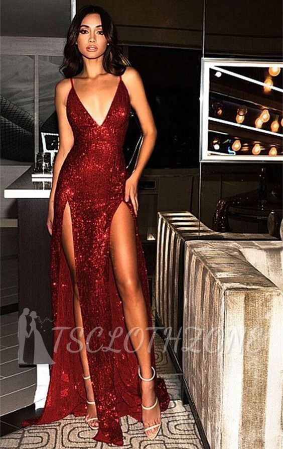 Sexy Sequined Spaghetti Strap Front Split Evening Gown