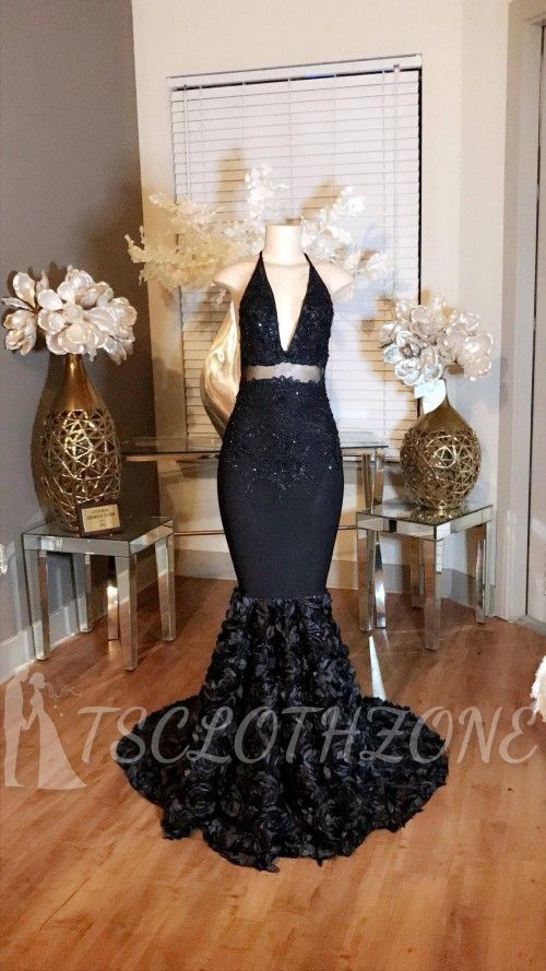 Mermaid Lace-Appliques Prom Halter Dress with Deep-V-Neck Rose Flowers 2022