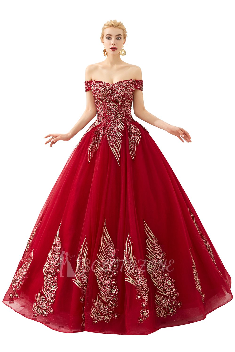 Henry | Elegant Off-the-shoulder Princess Red/Mint Prom Dress with Wing Emboirdery