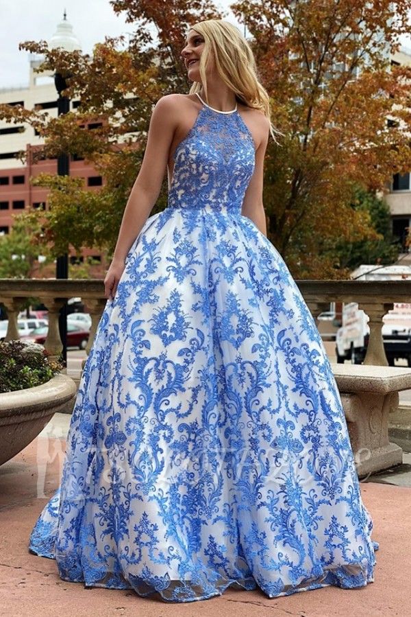 Ramona | White Halter Illusion neck Puffy Blue Lace Prom Dress