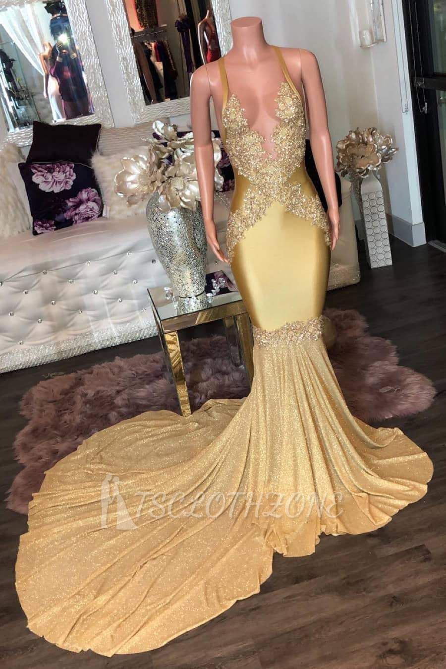 Atemberaubende goldene Applikationen Spaghetti lange Meerjungfrau Abendkleider