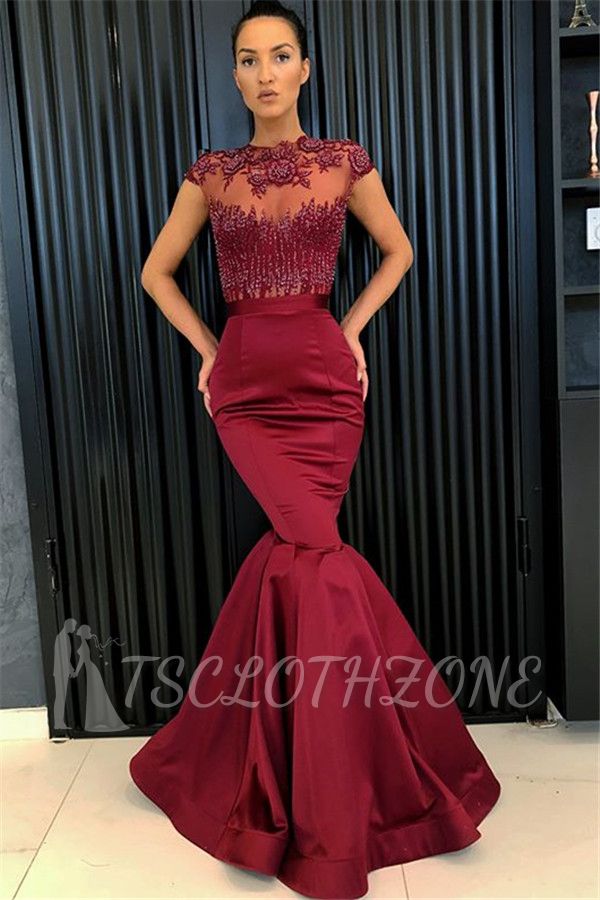 Sexy Burgundy Mermaid Evening Dresses 2022 | Cap Sleeves Appliques Beaded Evening Gowns