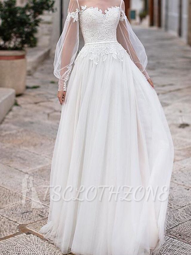Country Plus Size A-Line Wedding Dress Jewel Lace Tulle Long Sleeve Bridal Gowns