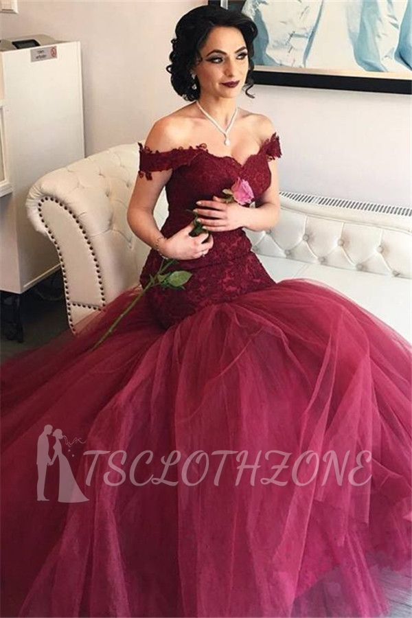 Off The Shoulder Burgundy Lace Evening Gowns Tulle Mermaid 2022 Prom Dresses